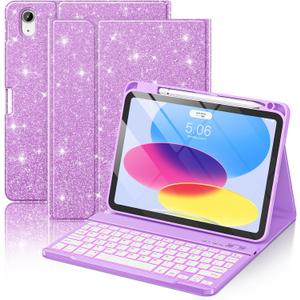 FUWANG for iPad A16 11th 10th Generation Case with Keyboard - Detachable Backlit Glitter Folio Keyboard with Pencil Holder for iPad A16 11th Gen 11-inch 2025 & 10th Generation 10.9 Inch 2022, Purple