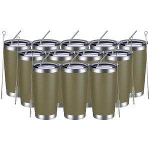MEWAY 20oz Tumbler 12 Pack Double Wall Vacuum Insulated Travel Mug Bulk, Stainless Steel Tumblers with Lid and Straw, Durable Powder Coated Coffee Cups for Cold & Hot Drinks (Army Green, 12)