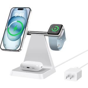 Magnetic Wireless Charger for iPhone - 3-in-1 Fast Charging Station Compatible with MagSafe Charger iPhone 16-12 Series Apple Watch AirPods for Nightstand Desktop Bedside (White)