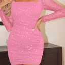 MOEENCN Women Mesh Dress Sparkly Long Sleeve Square Collar Pleated Bodycon Dresses Party Night Club Outfits (Pink, S)