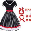 Colorful House Female Adult 1950s Vintage Costumes with Accessories Scarf Headbands Earrings Glasses 7 PCS (XX-Large, Black Dot)