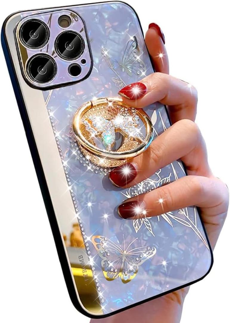 for iPhone 16 Pro Max Glitter Kickstand Case, Cute Bling Marble Conch Floral Butterfly Ring Stand Mirror Elegant Shockproof Protective Cover for Girls Women for iPhone 16 Pro Max 6.9",Purple