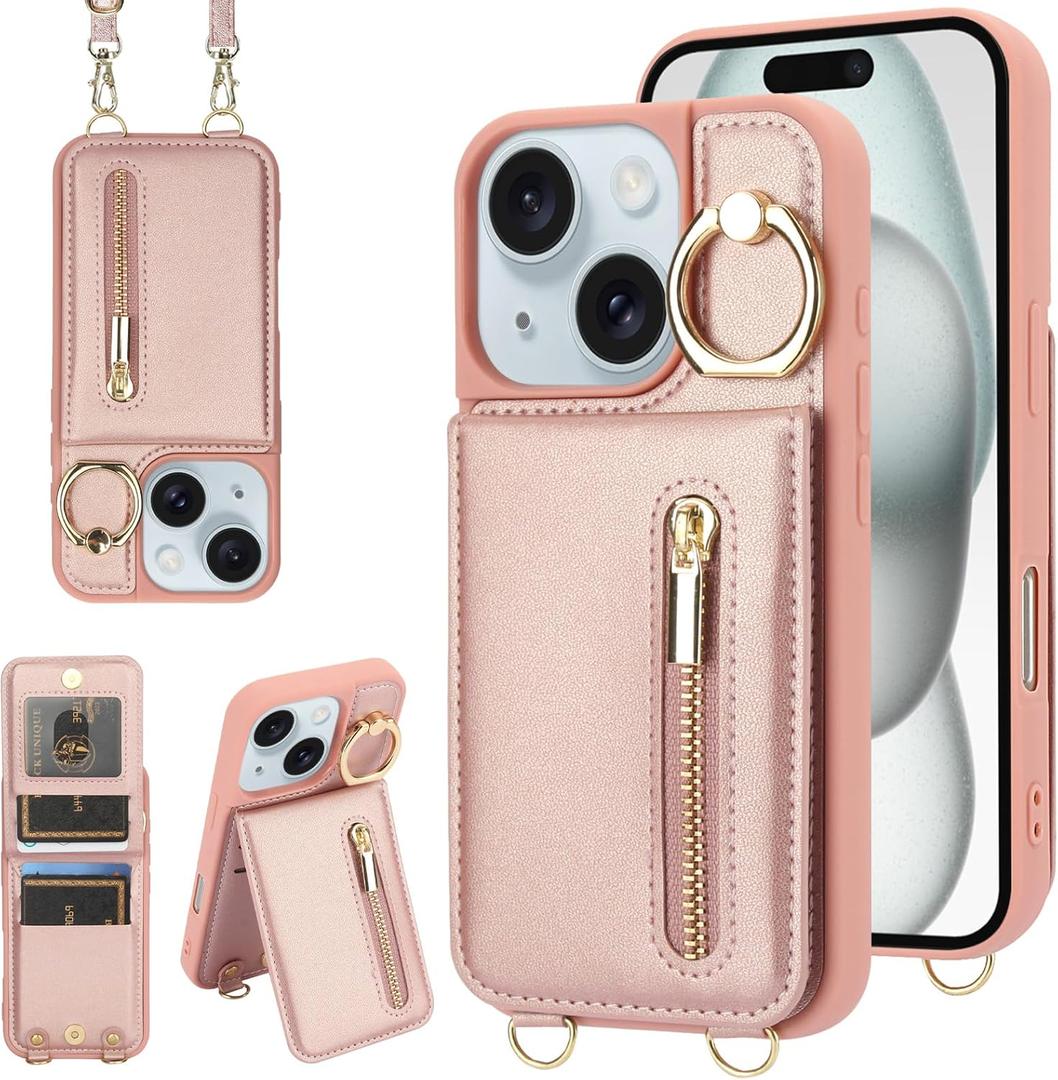 Crossbody Wallet Case for iPhone 14 Plus/15 Plus with Lanyard Strap Card Slot Holder RFID Blocking,Magnetic Flip Folio Zipper Purse Case, PU Leather Cover Handbag,Rose Gold