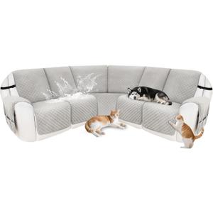 Reclining Sectional Couch Covers 100% Waterproof Velvet L Shape Recliner Sofa Cover for Dogs Pets Washable Anti Slip Recliner Slipcovers with Pockets (5 Seat Sofa, Light Gray)
