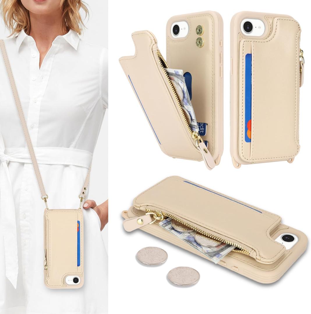 Cavor Compatible with iPhone 16e/17e Case with Card Holder, Wallet Case for Women, for iPhone 16e Phone Case with Strap, Crossbody Lanyard and Wristlet Zipper Pocket-Cream
