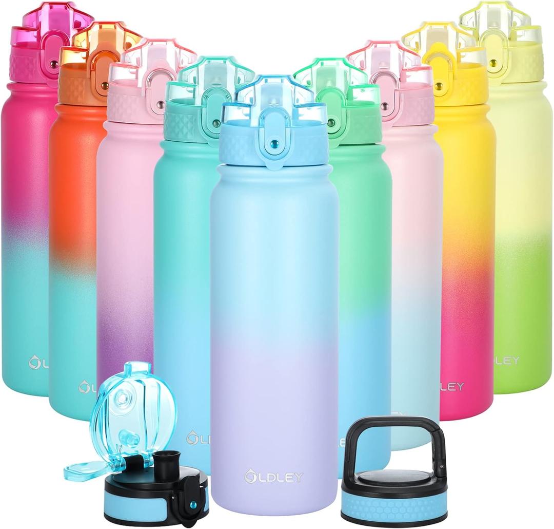 Oldley Insulated Water Bottle with Straw 20oz Stainless Steel Water Bottles with 3 lids Double-Wall Vacuum Thermal for Kids Adults School Sports, Blue-purple