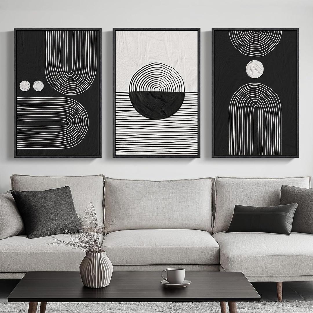 Framed Black and White Boho Wall Art for Living room, Large Black Abstract Geometric Artwork for Walls Mid-Century Modern Pictures Minimalist Bohemian Wall Art for Hallway Office Wall Decor 30x60 Inch
