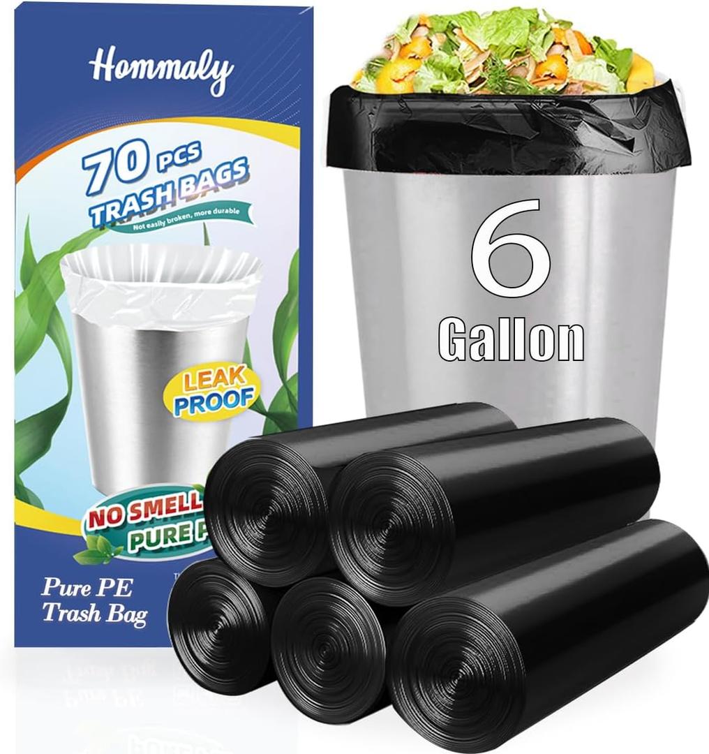 6 Gallon 70 pcs Black Trash Bags Strong Black Garbage Bags, Bathroom Trash Can Bin Liners, Plastic Bags for Office Home Kitchen, Fit 6 gallon,7 gallon Waste Basket Liner 6,7 Gal(6G70-Black)