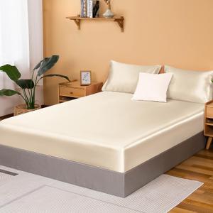 NSGZ Satin Fitted Sheet Full, Single Silky Fitted Sheet Only Soft Deep Pocket Bottom Bed Sheets, Wrinkle Free & Fade Resistant & Breathable Bottom Sheets- Light Khaki