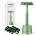 ZOMCHI Double Edge Close Comb Safety Razor with Stand, Shaving Razor for Men with 10 Safety Razor Blades, Reusable Single Blade DE Metal Razor  Fern Green