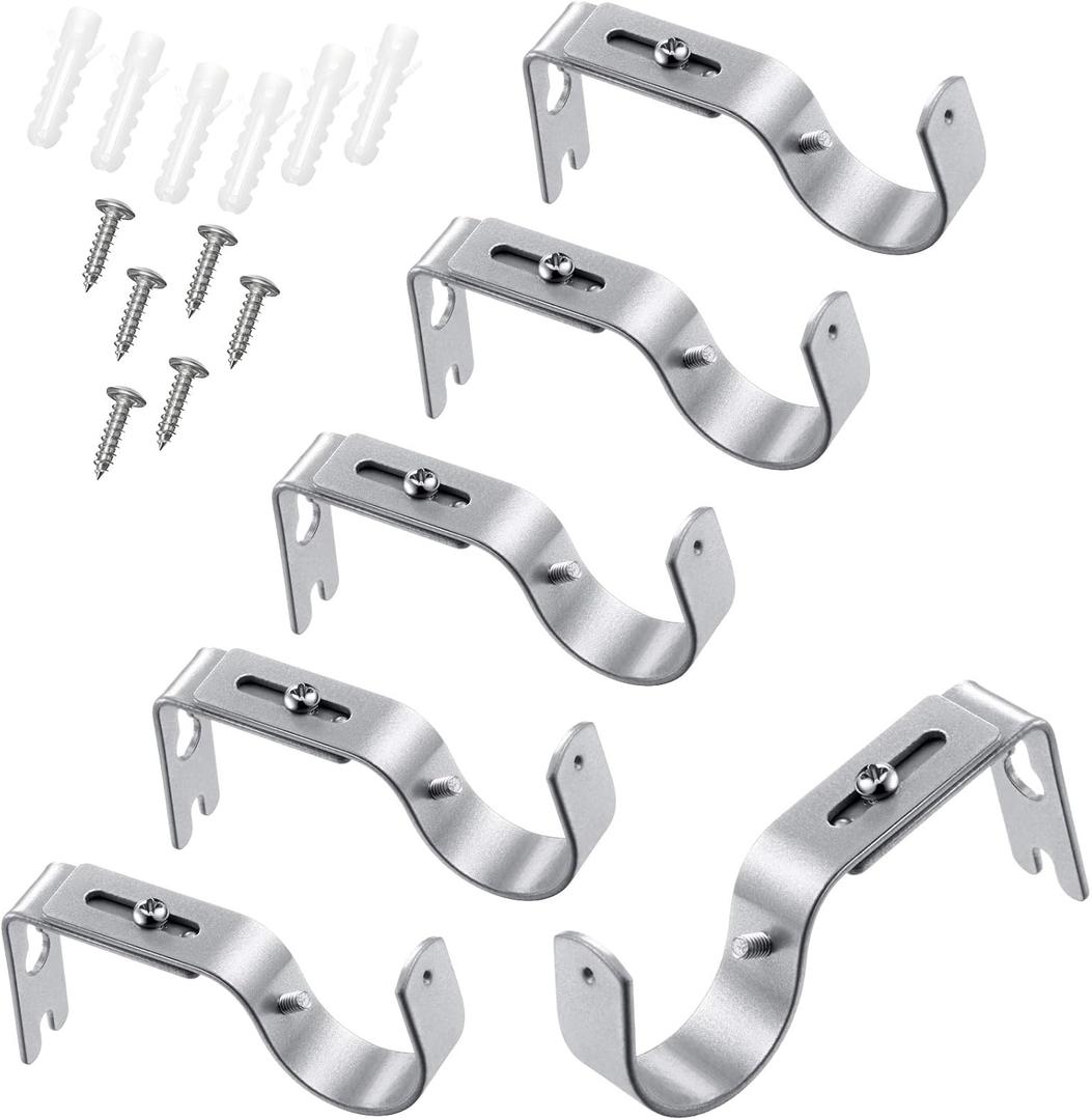 6 Pieces Curtain Rod Brackets General Adjustable Curtain Rod Holder Wall Bracket Hooks Outside Mounted Blinds Curtain Rod Bracket with Screws for 1 Inch Diameter Curtain Rod (Matt Silver)