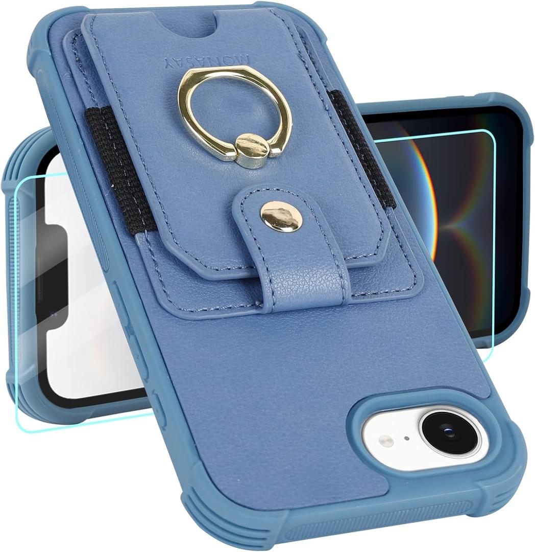 MONASAY Wallet Case Compatible for iPhone 16e 5G 6.1 inch with 360 Rotation Ring Stand[Glass Screen Protector][RFID Blocking] Leather Phone Cover with Card Holder for Women and Men, Light Blue