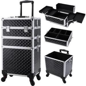 FRENESSA 3 in 1 Rolling Makeup Train Case Professional Cosmetic Trolley Large Storage with Keys Swivel Wheels Salon Barber Case Traveling Cart Trunk for Make Up Hairstylists Nail Tech, Vintage Black