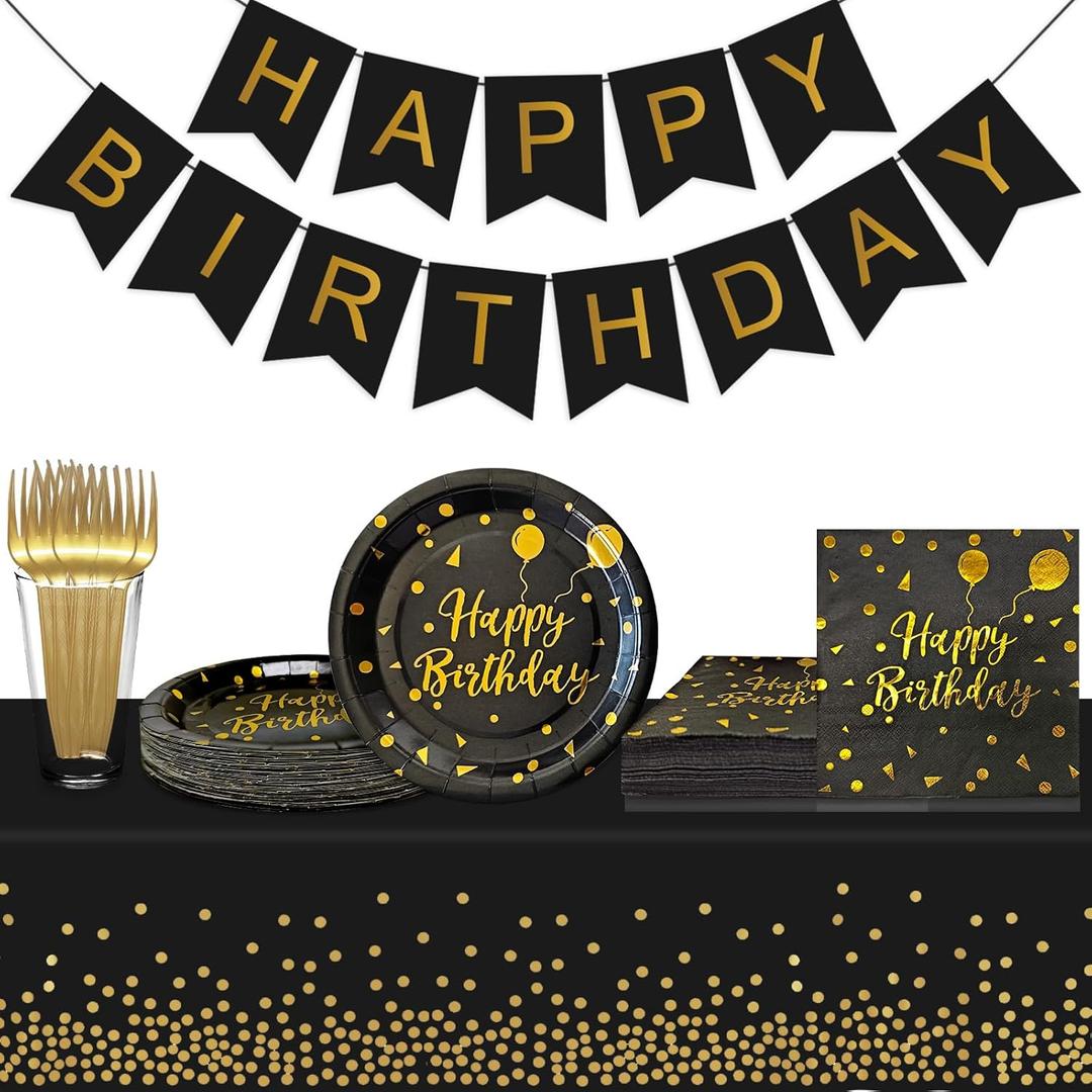Serves 35 Guests Happy Birthday Paper Plates Party Supplies,7 Inch Black and Gold Happy Birthday Disposable Paper Plates Napkins Forks Tablecloths Banner for Party Decorations