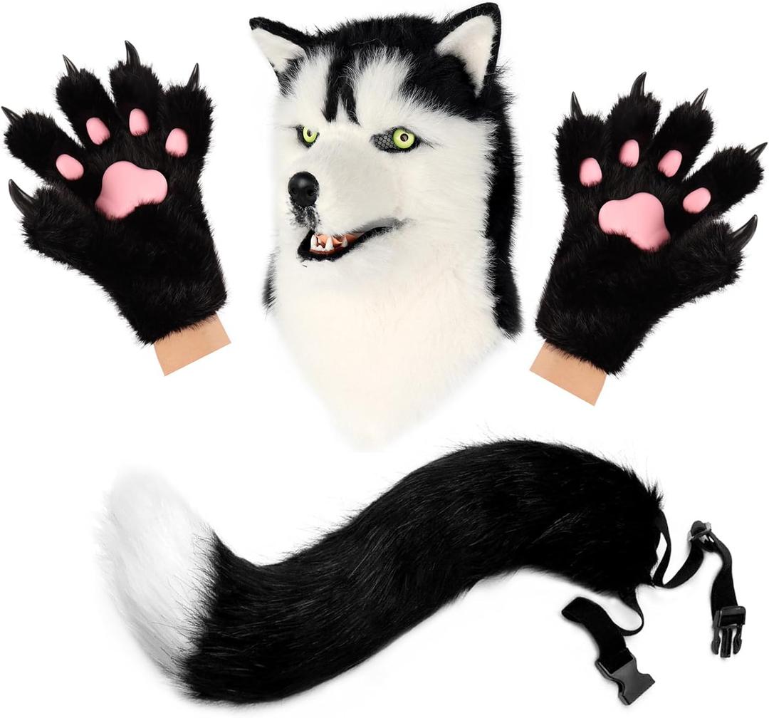 Animal Dog Head Mask Novelty Plush Tail Claw Paw Mittens Gloves Set Halloween Party Masquerade Costume Cosplay (Husky)