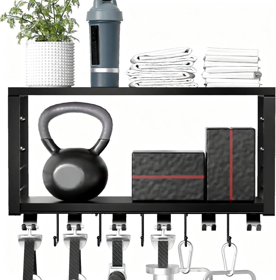 TJ.MOREE 2 Tier Floating Shelf Compatible with Tonal Accessories, T-Bracket Lock Adapters Hanger, Wall Mount Home Gym Storage Rack for Fitness EquipmentBlack