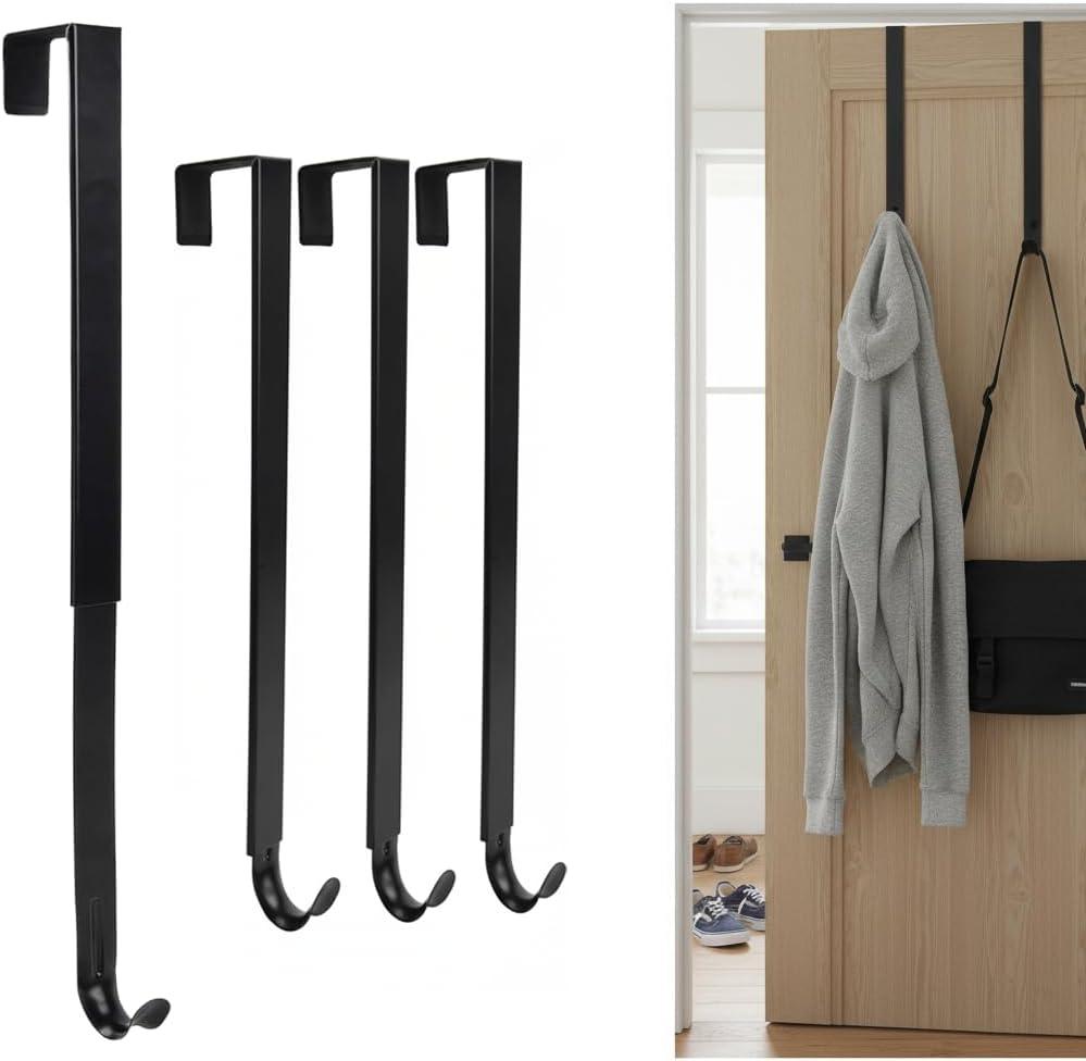 Over The Door Hooks with Shock Absorber Pads, 4-Pack Adjustable Heavy Duty Long Door Hooks for Hanging from 15-25 Inch, No Drill Towel Hook, Coat Rack for Bathroom Door, Bedroom, Entryway