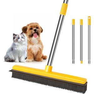 Rubber Broom for Pet Hair Removal, Carpet rake with Squeegee for Cleaning Pet Hair, 52 inch Long Handle Rubber Broom,Dual-Sided for Small Fluff Carpet, Hardwood Floor, Tile,Orange