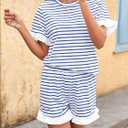 Tankaneo Womens 2 Piece Striped Shorts Set Ruffle Short Sleeve Tops Hight Waist Shorts Matching Sets Summer Vacation Outfits (M)