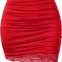 YMDUCH Women's Casual High Waist Stretchy Ruched Bodycon Lace Mini Short Skirts (X-Large, Red)