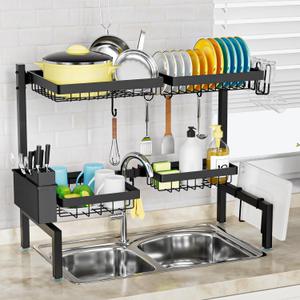 SNSLXH2-Tier 4 BasketsOver The Sink Dish Drying Rack, 24.8"-35.4", Large Sink Rack for Kitchen, Extensible and Adjustable, Saving Kitchen Space (2 tiers 4 baskets)