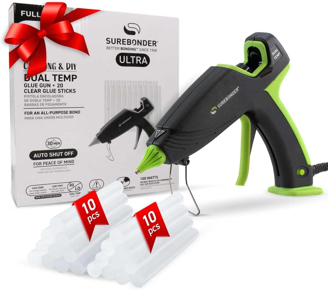 Surebonder Hot Glue Gun and Glue Sticks, Full Size 100W Dual Temperature Hot Glue Gun with 20 All Purpose Glue Sticks, 30 Minute Auto-Shut-Off, Black