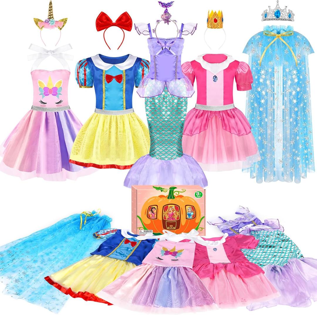 Princess Dress Up, Dress Up Clothes for Girls 3-6, Cosplay Princess Costume Gift Set with Princess Dresses and Princess Toys, Pretend Play Toddler Girl Toys, Halloween Christmas Birthday Gift