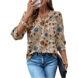 SHENHE Women's Dressy Casual 3/4 Sleeve Tunic Top Boho Floral Business Work Blouse Shirt (XL)