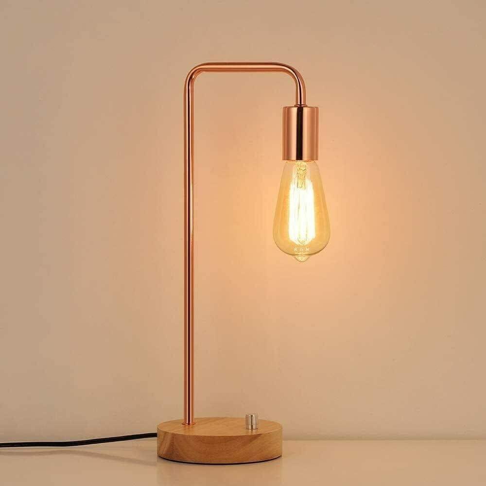 Industrial Nightstand Lamp with Wooden Base Metal Rose Gold Pink