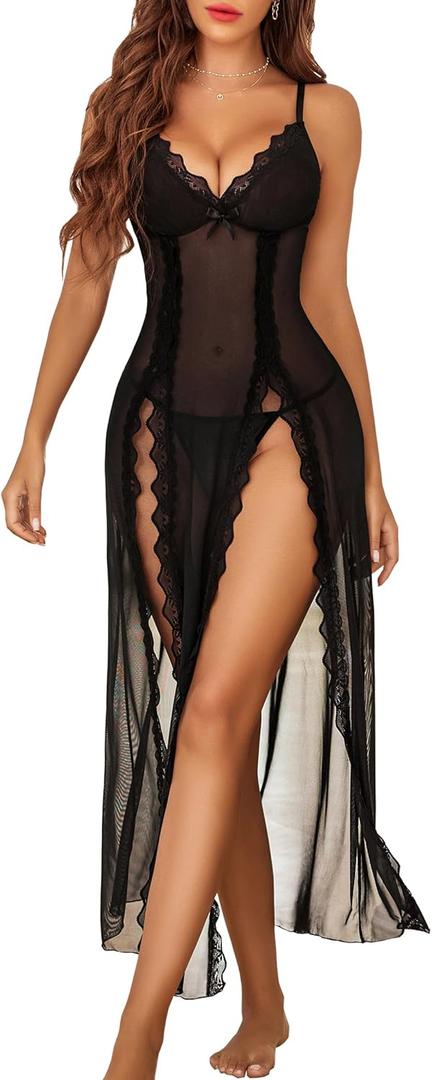 Avidlove Women Lingerie Lace Babydoll Chemise Sexy Mesh Nightdress V Neck Nightwear Side Split Nightgown (Small, Black)