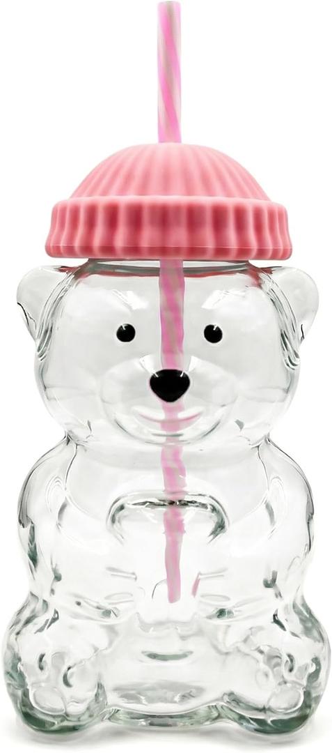 Glass Bear Cup,Bear Cup with Straw, 500ml Reusable Bear Glass Tumbler with Lid for Iced Coffee, Milk Tea, and Cocktails, Dishwasher Safe(Pink)