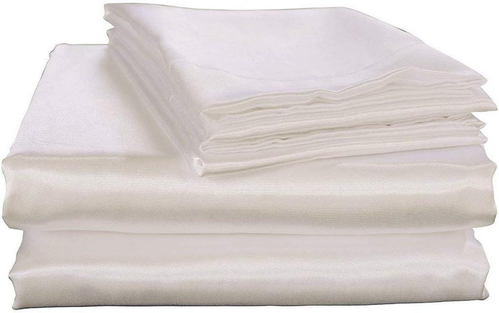 100% Pure Silk Satin Sheet 4pcs,Fitted Sheet 15" Deep Pocket Mattress fit,Flat Sheet & Pillowcases Cool Soft Sheets|Wrinkle Free Fade Resistant.White,King