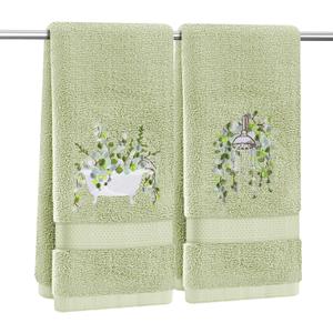 2 Pcs Eucalyptus Hand Towels for Bathroom Decorative Sage Green Eucalyptus Towel Embroidered 100% Cotton Green Leaves Hand Towels 13.4x29Inch for Bathroom Kitchen Décor (Green, Eucalyptu)