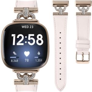 Luxe Leather Bands Compatible With Fitbit Versa 4/Versa 3/Sense 2/Sense Bands For Women D-shaped Bling Metal Buckle Replacement Straps. (Champagne Gold/Apricot)