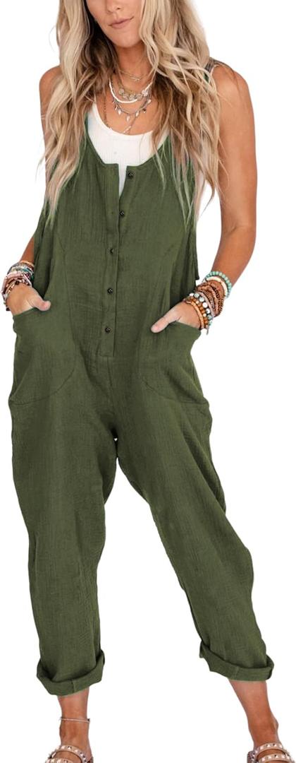 Yeokou Womens Overalls Linen Cotton Jumpsuits Loose Casual Jumpers with Pockets (X-Large, Armygreen)