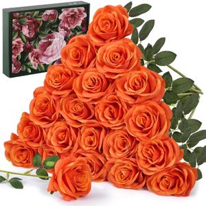 Faylifeway 20PCS Artificial Light Orange Roses, 3.9'' Silk Flower Head Fake Light Orange Rose with Long Stems, Realistic Faux Roses Bouquet for Mother's Day DIY Wedding Home Party Office Decoration