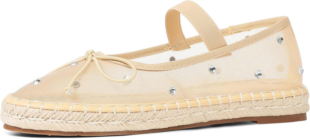 AMINUGAL Raffia Ballet Flats Shoes for Women Dressy Comfortable Woven Straw Women's Flat with Elastic Strap Mesh Bows Raffia Mary Janes Ballerina (7.5)