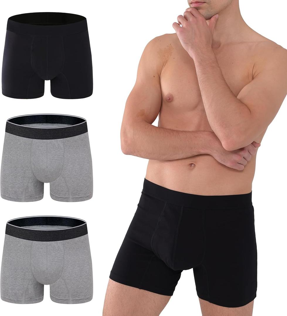 AIRCUTE Washable Absorbency Urinary Incontinence Underwear for Men Boxer Briefs for Bladder Leaks 60 ML 3 Pack (X-Large, Black-Gray-Gray)
