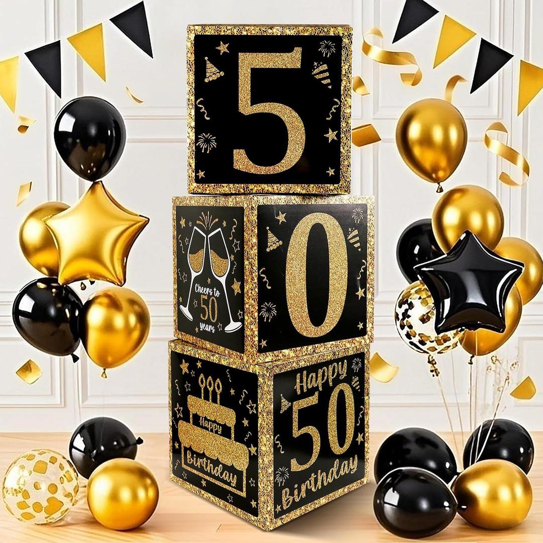 50th Birthday Decorations for Men Women, 3PCS Black and Gold Happy 50 Year Old Birthday Party Supplies Table Decorations, 50th Birthday Balloons Boxes Decor