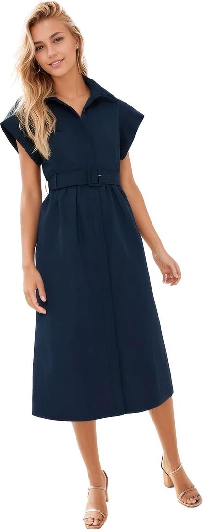 Ladyful Women Casual Button Down Shirt Dress Short Wing Sleeve Buiness Midi Shirt Dress with Belt Elegant Dress (Blue, L)