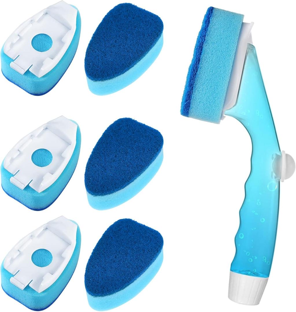 Non Scratch Dishwand Refill with Handle, 6 Heavy Duty Dish Wand Refills, Replacement Sponge Heads Set, Soap Control Dispenser Scrubbers, Dishwashing Scrub Dispensing Brush, Dishwasher Cleaning Tool (7 Piece Set, Blue)