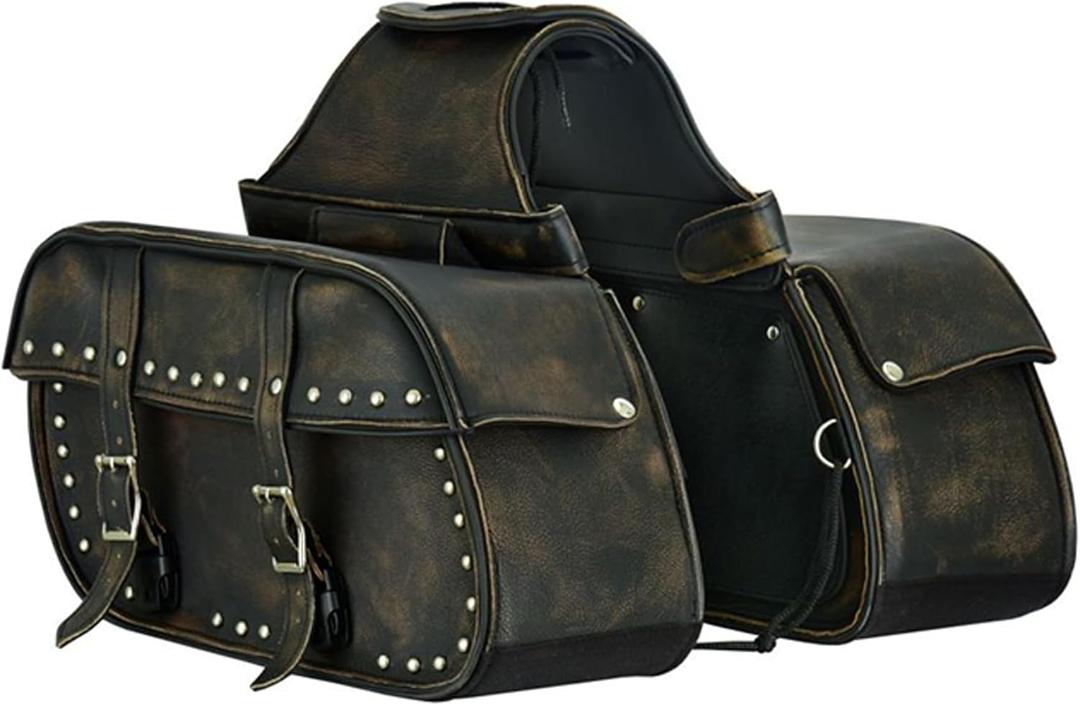 Dream Apparel Naked Cowhide Leather Motorcycle Saddle Bags Studded Throw Over Saddlebags, Motorcycle Side Bags for Honda Shadow Sportster Softail Dyna V-star (Distressed Brown)
