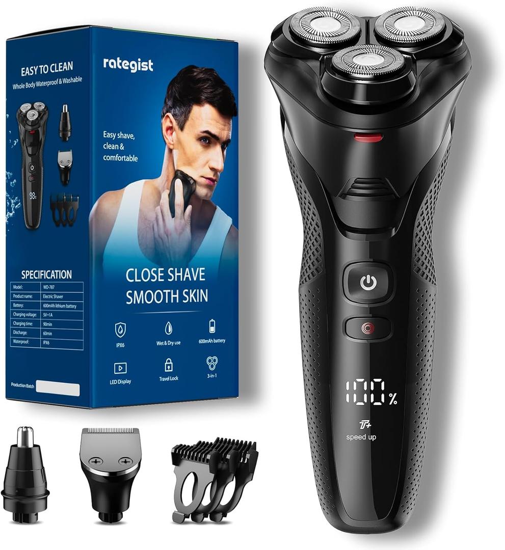 Cordless Electric Razor for Men: 3-in-1 Shaver for Beard/Nose/Sideburns - IPX7 Waterproof Travel Kit - Turbo Speed & Precision Blades