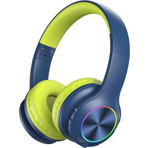 Kids Bluetooth 6.0 Headphones with LED Light, 85Hours Playtimes, Type-C Fast Charging, 85/94dB Volume Limited, Wireless Headphones with Built-in Mic, Wired & TF Card Mode, Blue and Green