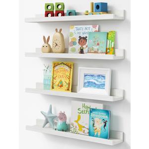 24 Inch Floating Nursery Book Shelves, White Picture Ledge Shelf 4-Pack | 2 ft Long Solid Wood Wall Shelf with Lip Edge, Hanging Bookshelf for Kids Room Toddler Bedroom Photo Frames, 24 x 4.5 Inch