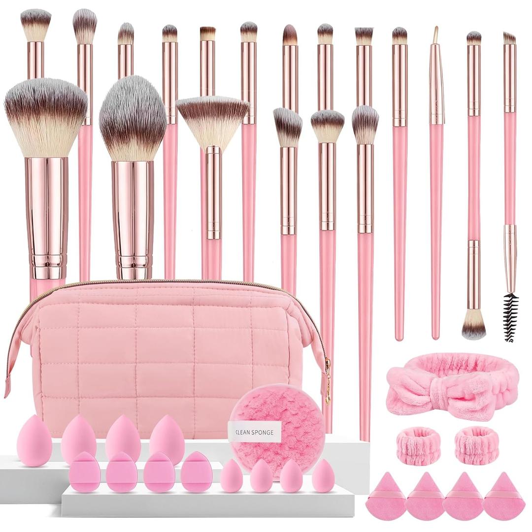 40Pcs Pink Makeup Brushes Set with Organizer Bag, Professional Multi-functional Eye and Face Brush Kit, Facial Makeup Tools and Accessories (Pink)