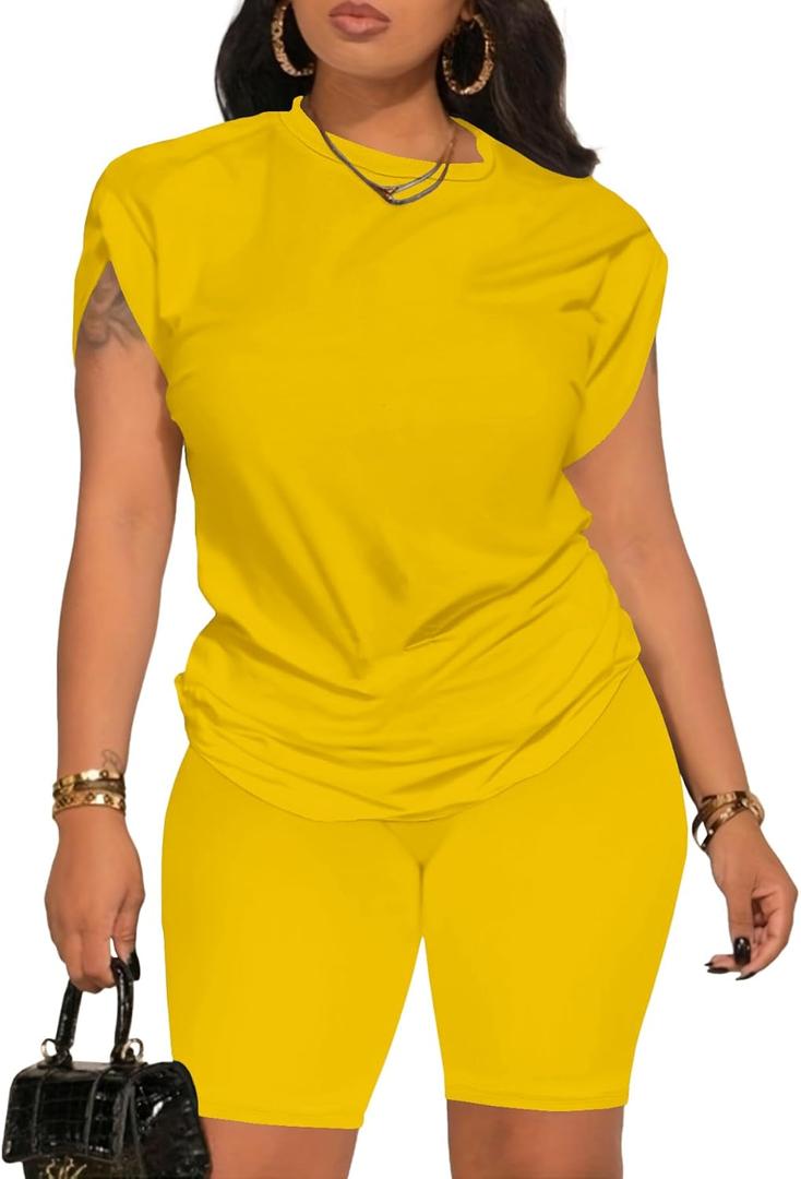 PINSV Women 2 Piece Outfits Summer Sweatsuits Biker Short Workout Jogger Sets (XX-Large, Yellow)