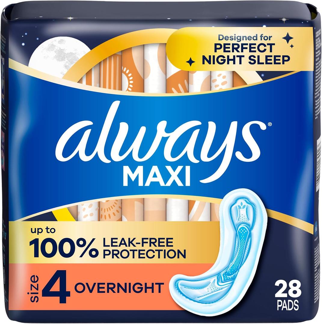 Always Maxi Feminine Pads for Women, Size 4 Overnight Absorbency, Without Wings, Unscented, 28 Count
