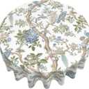 Blue Green Flower Bird Tablecloth 70 Inch Round Chinoiserie Floral Toile Table Cloth Spring Decorations Polyester Stain Resistance Round Table Cover for Party Picnic Kitchen Decor Outdoor