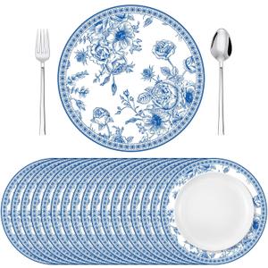 100 Pack Blue Floral Paper Placemats 13 Inch Chinoiserie Disposable Table Mats Round Paper Place Mats Dinnerware for Baby Shower Bridal Birthday Kitchen Wedding Party Supplies